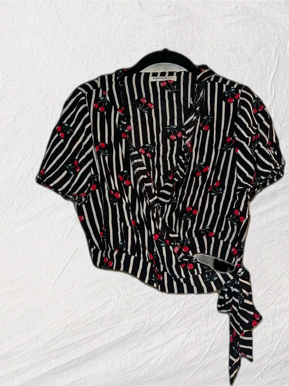 Glamorous Black White Stripe w/ Cherry Wrap Ruffle Blouse & Swing Mini Skirt
